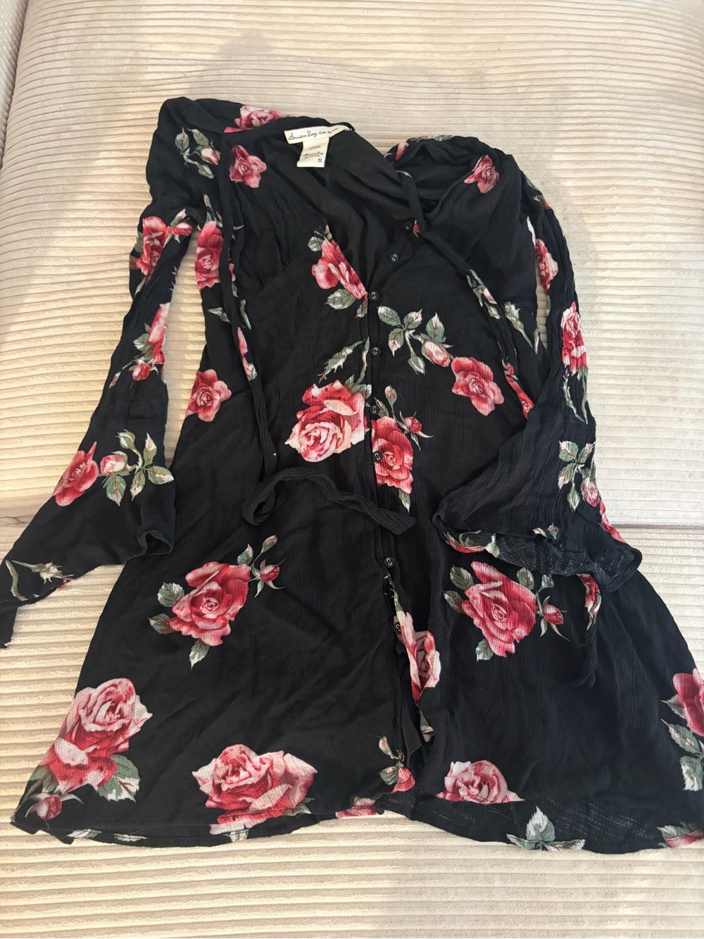American Rag Black Midi Dress with Pink Rose Print